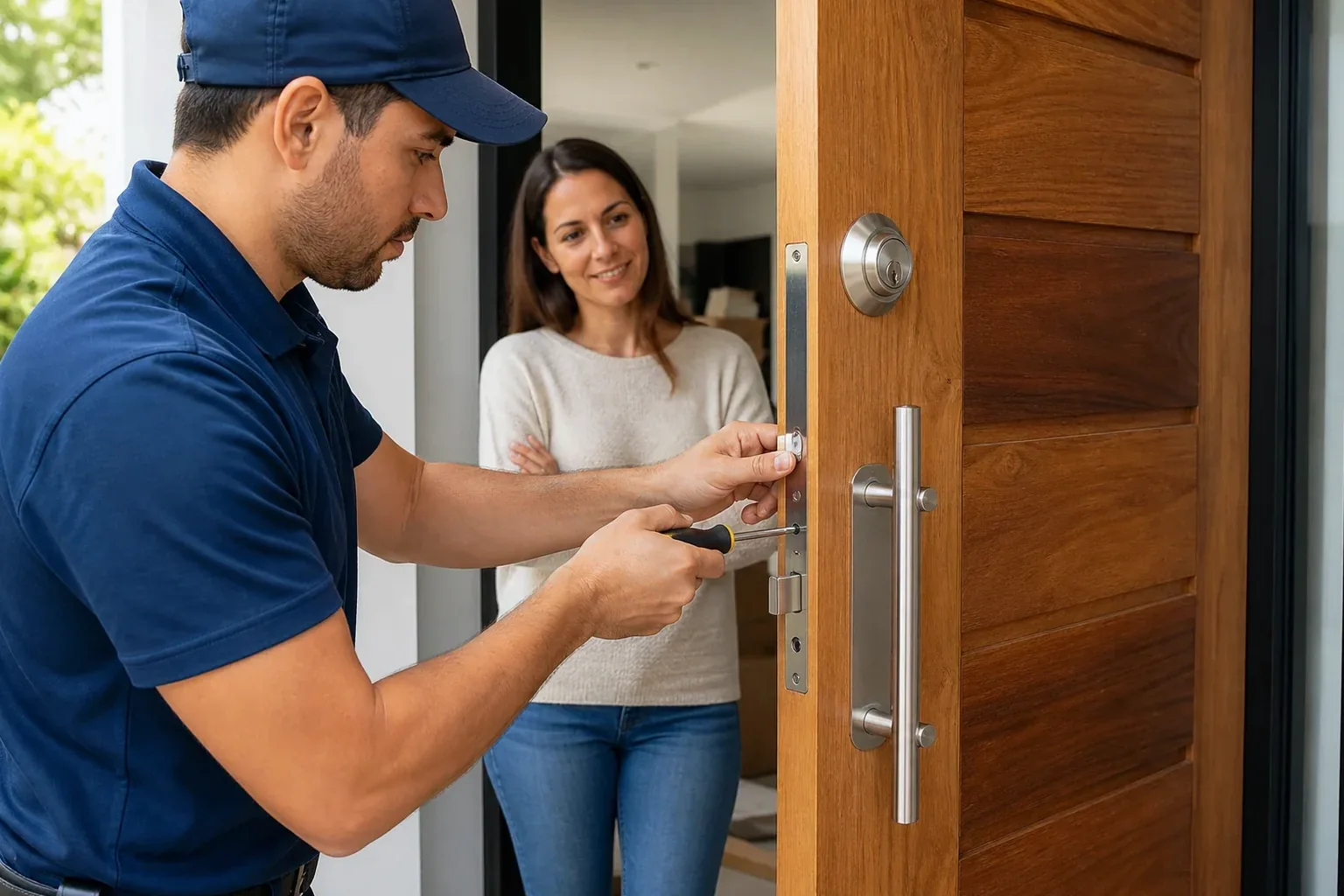 Chaveiro instalando uma trava de segurança em uma porta em Camaragibe.