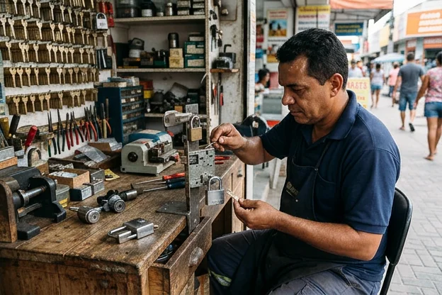 Chaveiro trabalhando com diferentes fechaduras em Camaragibe, destacando seus serviços.